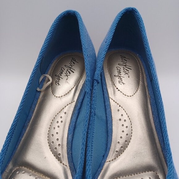 Dexflex Comfort Denim and Cork Wedge Heel Peep Toe Shoes - Picture 7 of 10